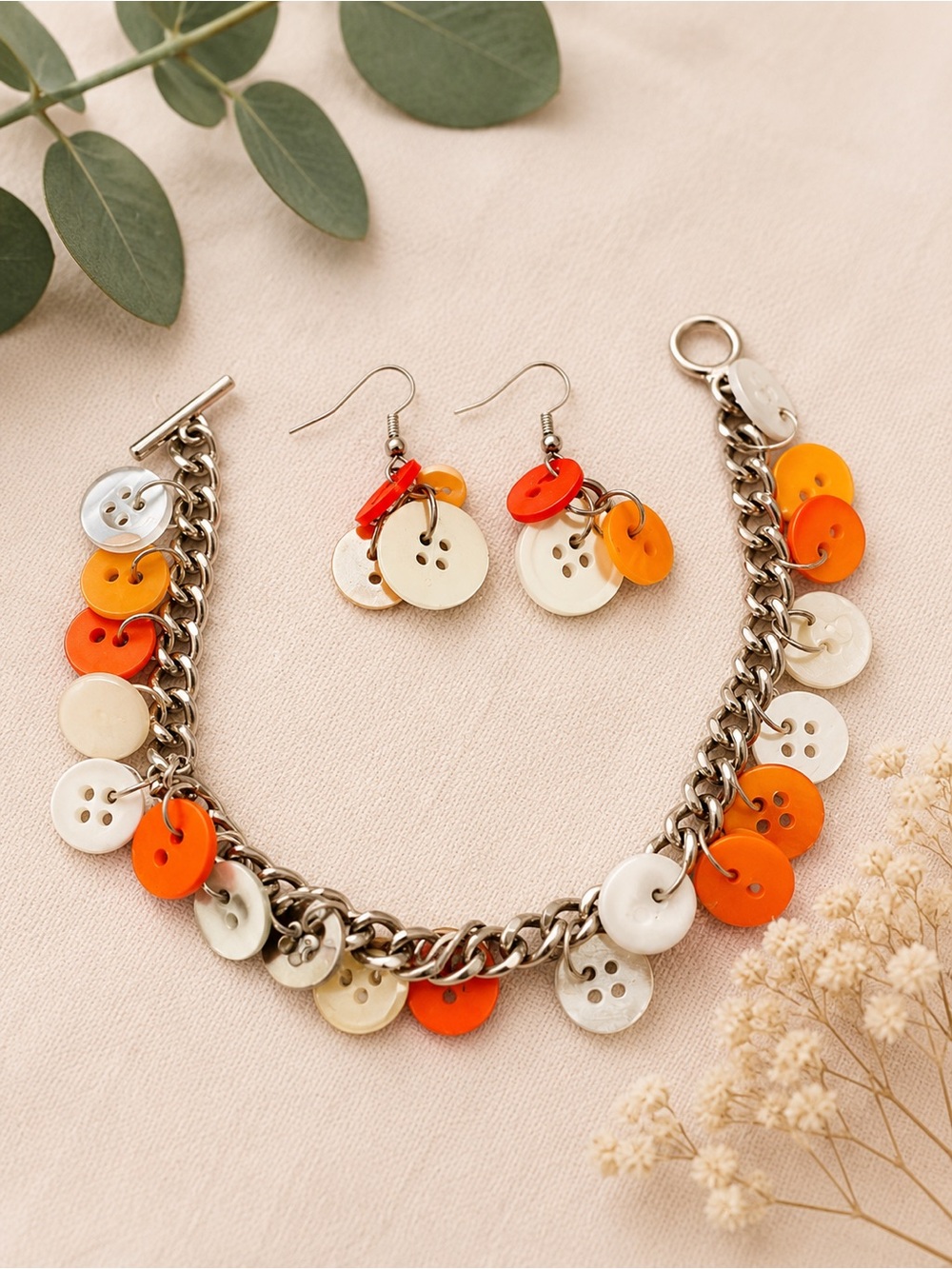 NEW Handmade Button Charm Bracelet and Earring Set